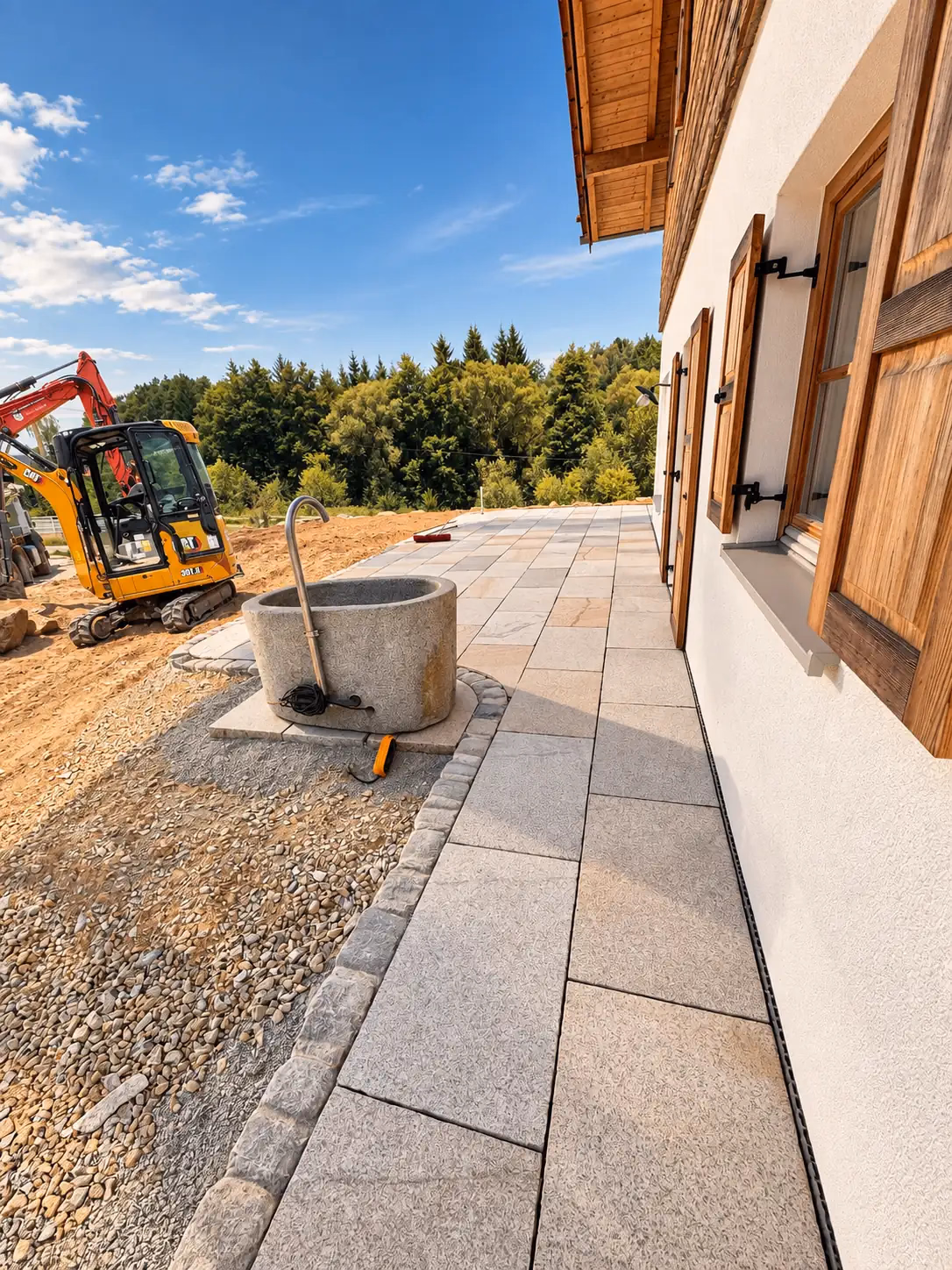 Gepflasterter Weg mit Steinbrunnen und Minibagger an einem Haus