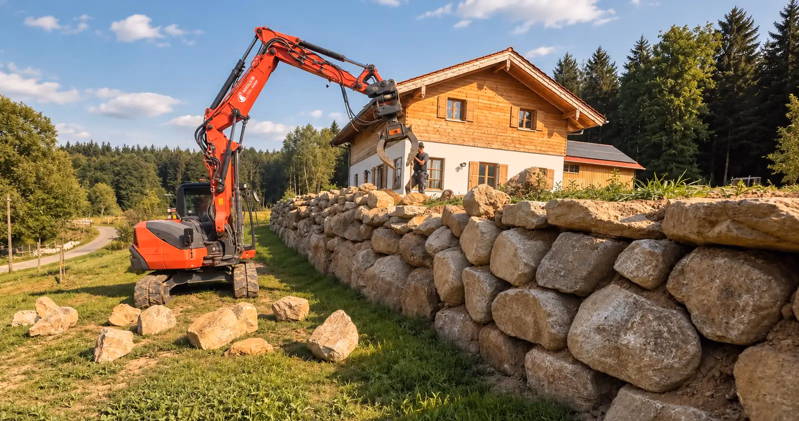 Bagger von Marcel Klein beim Bau einer Natursteinmauer